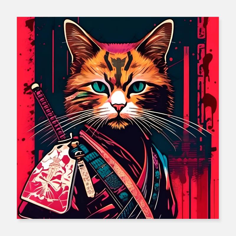 Samurai Katze - Poster 40x40 cm - Weiß