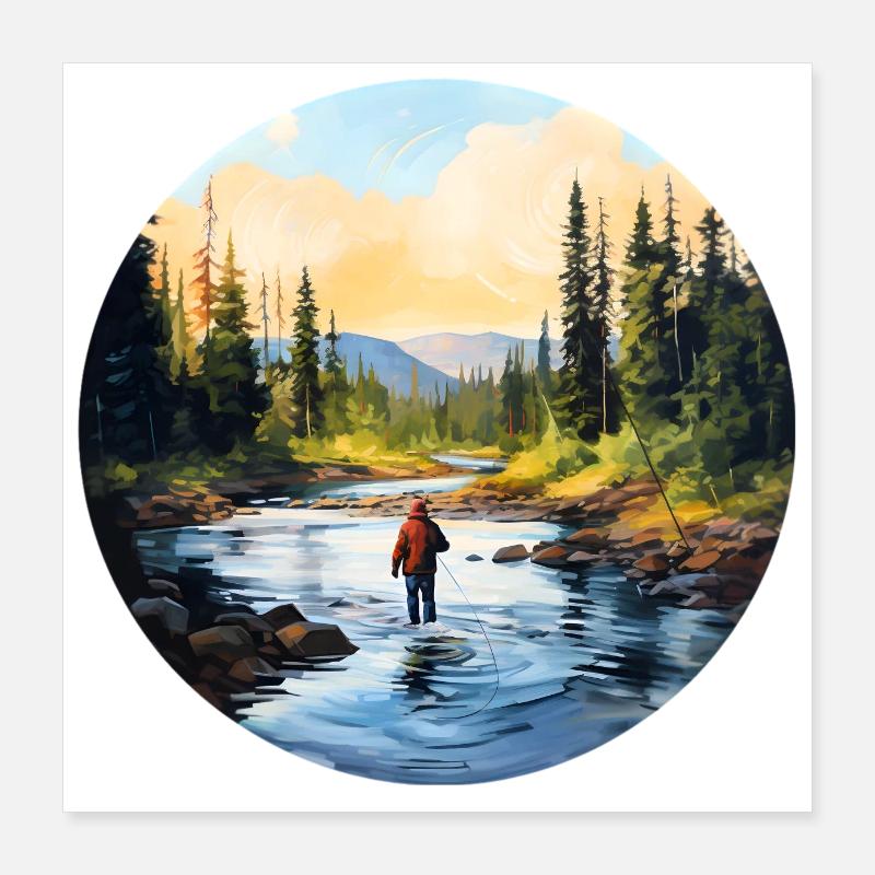 Ein Gemälde eines Fliegenfischers im Fluss Poster 40x40 cm