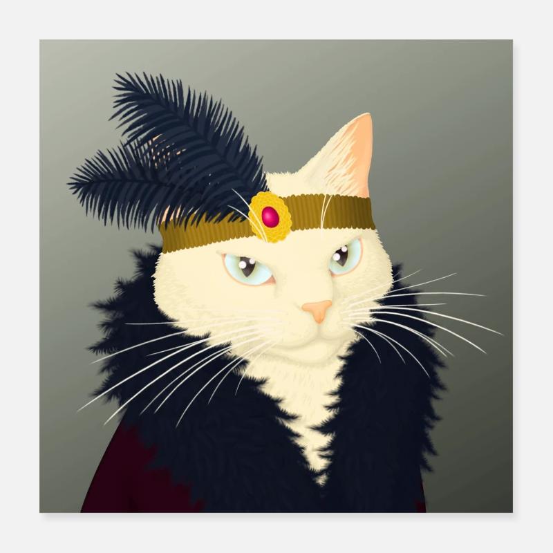 Gorgeous white cat queen with 20s boa and feathers Poster 16" x 16" (40x40 cm)