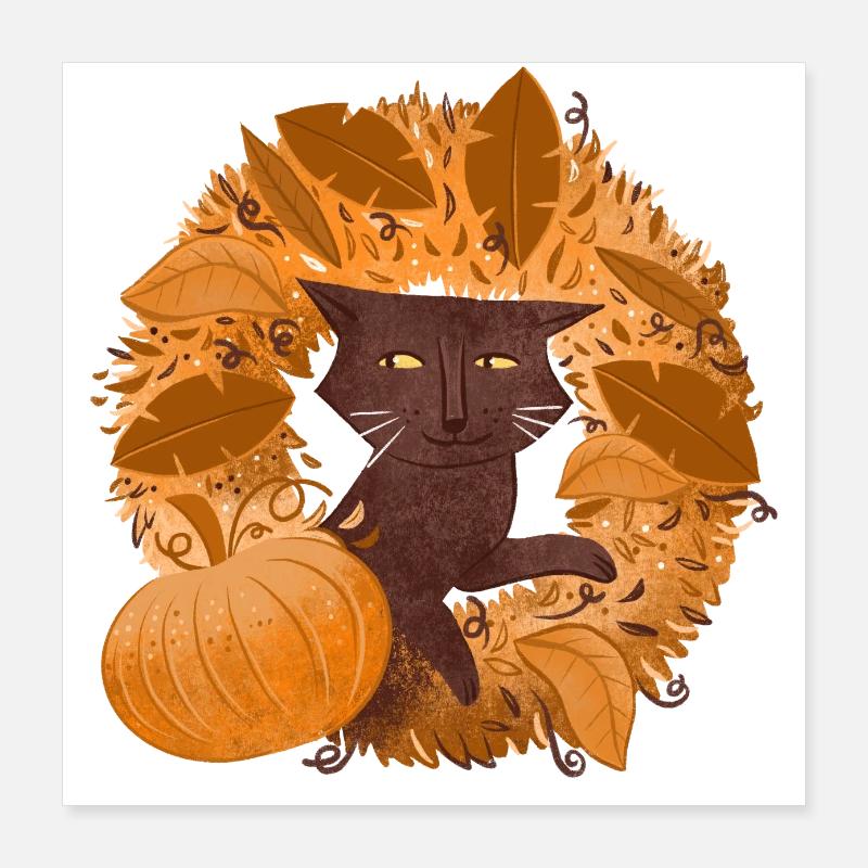 Braune Katze auf einem Kranz aus Herbstlaub Poster 40x40 cm