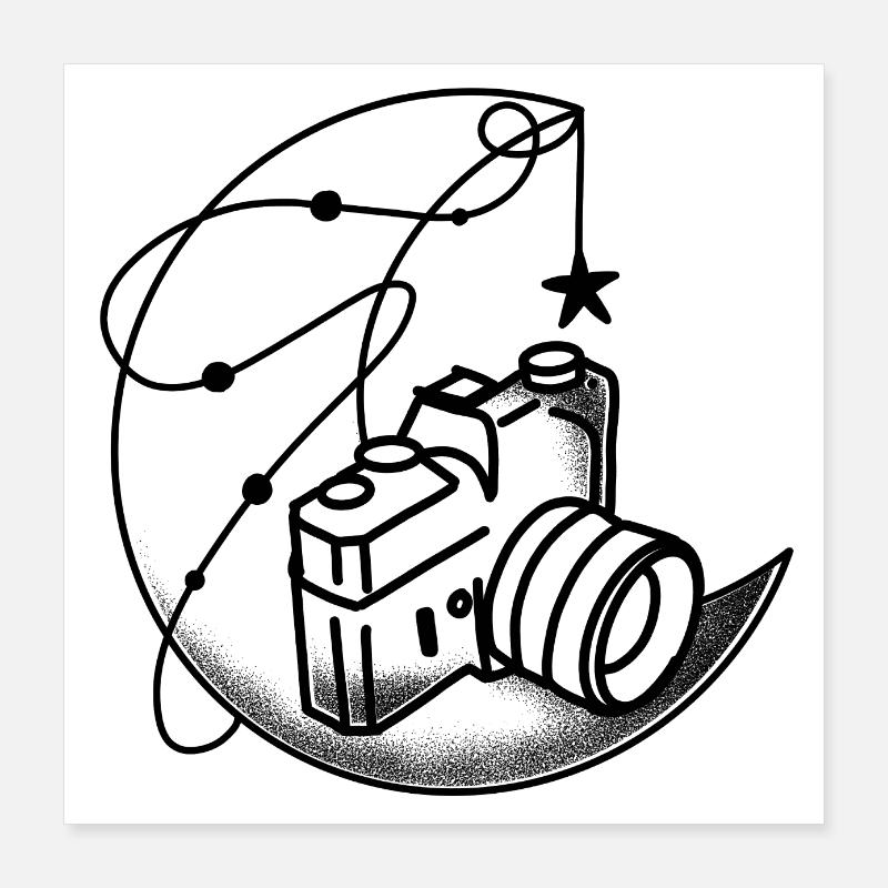 Witchcore Tattoo style SLR Vintage Camera on Moon Poster 16" x 16" (40x40 cm)