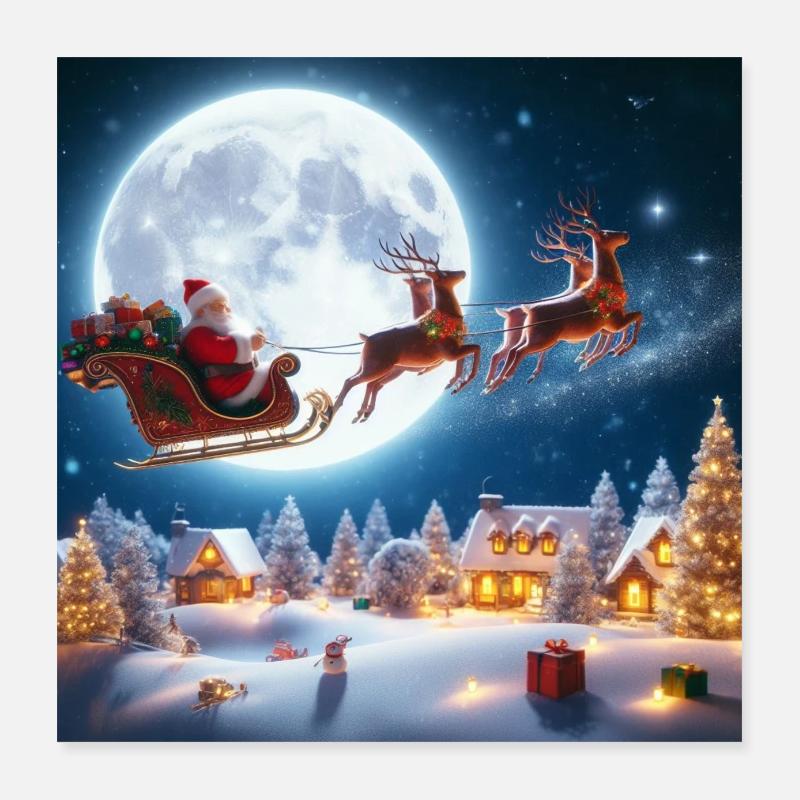 Weihnachtsmann Schlitten Rentier Weihnachtsbaum Weihnachtsgeschenke Poster 40x40 cm