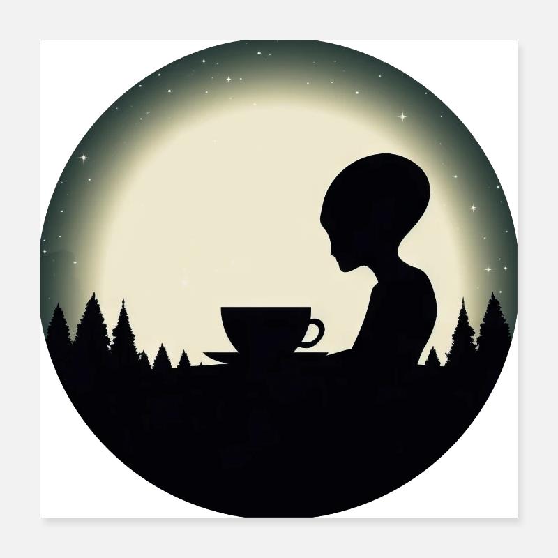 Alien Außerirdischer Kaffee Silhouette Nachthimmel Poster 40x40 cm