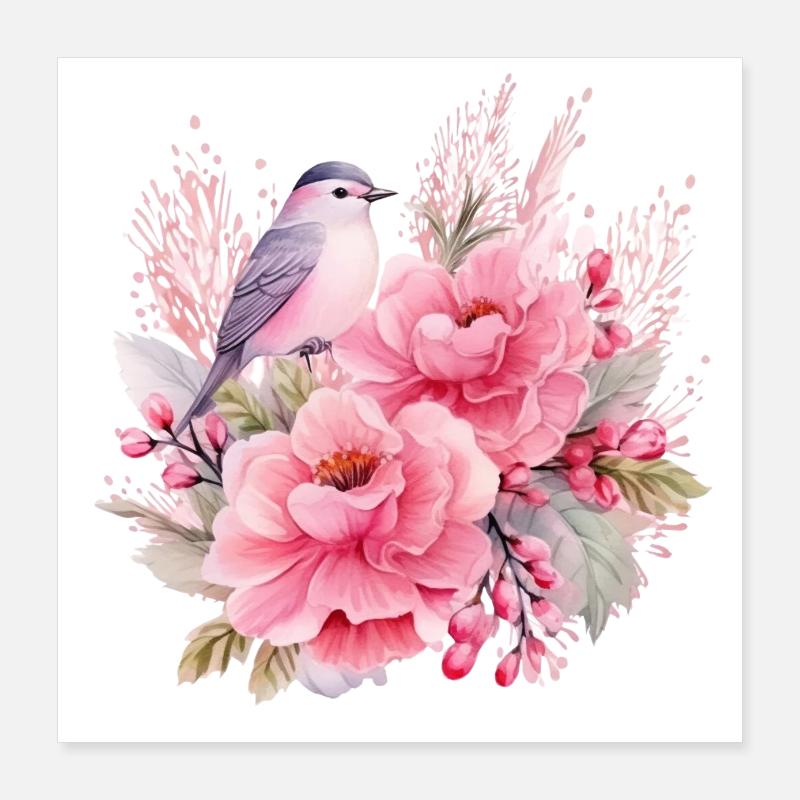 Fleur avec oiseau enchanté Sticker Poster 40 x 40 cm