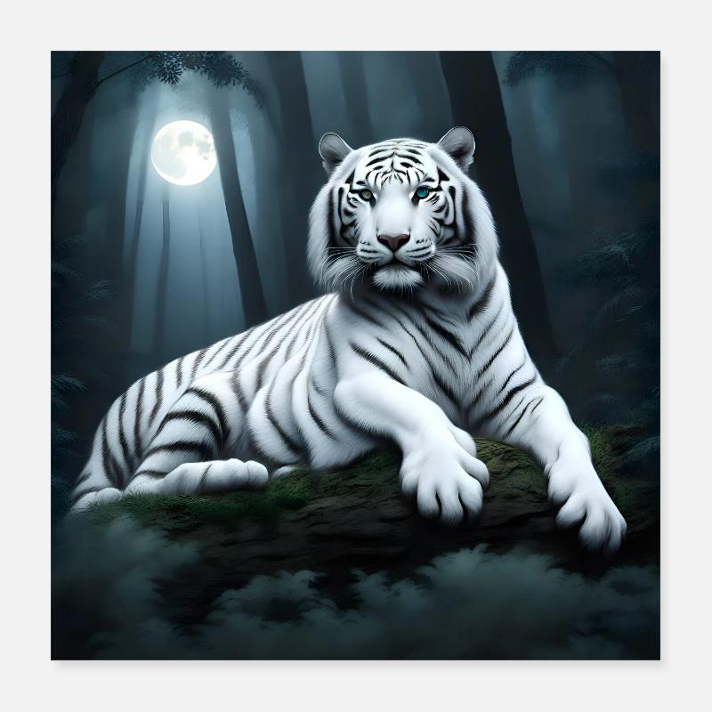 White tiger in moonlight in forest Poster 16" x 16" (40x40 cm)