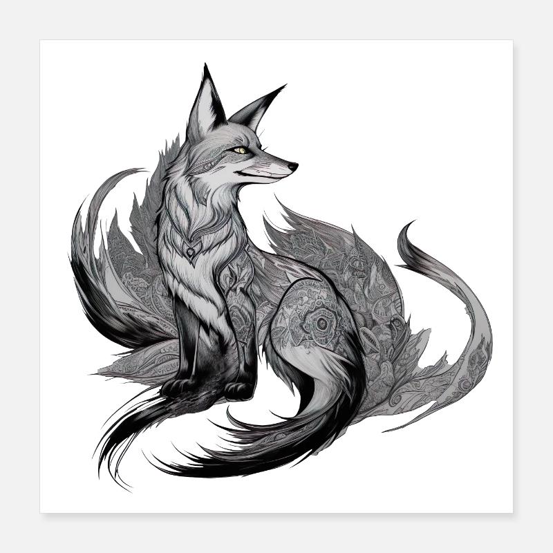 Fox Mandala Drawing Complex Nature Wilderness Poster 16" x 16" (40x40 cm)