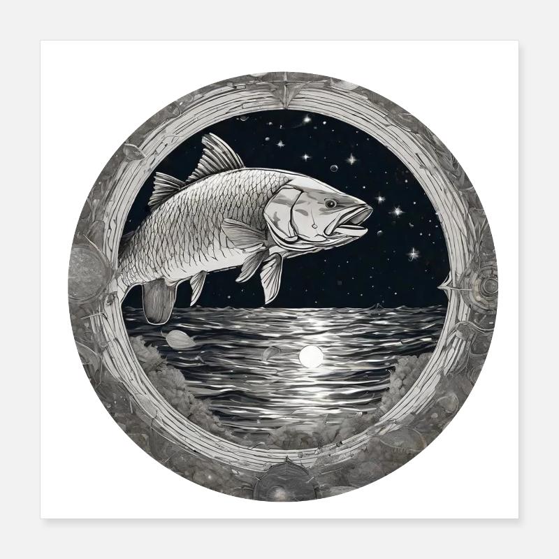 hecht,fisch,illustration,schwarz-weiß,meer,kreis Poster 40x40 cm