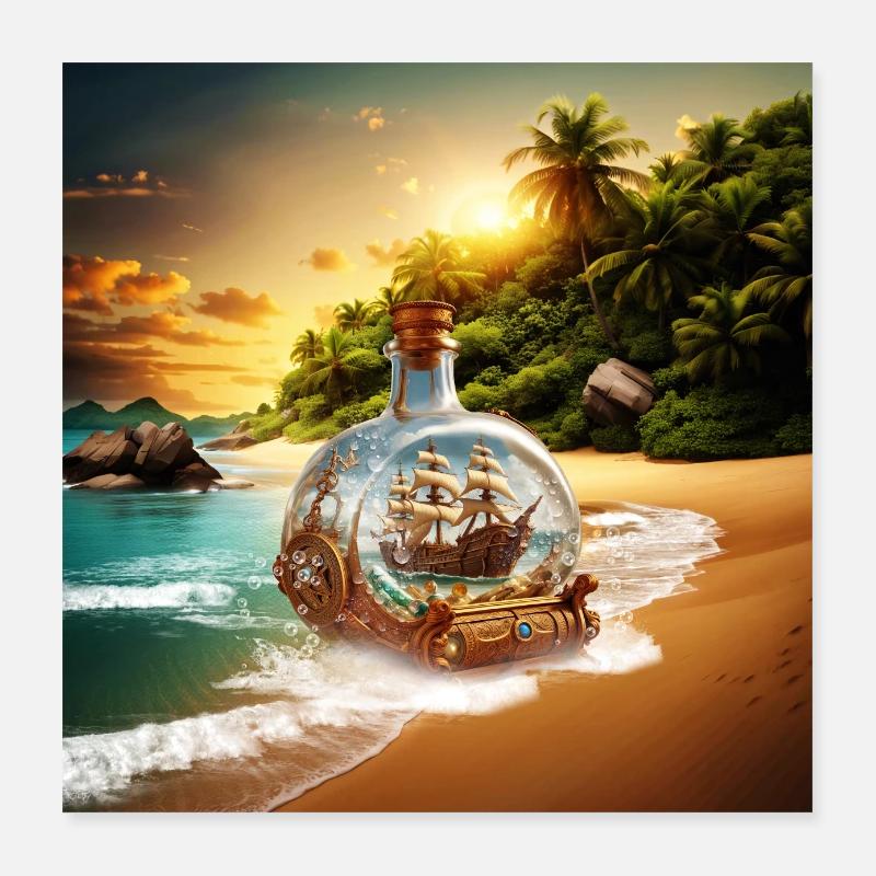 Unique and surprising bottle with boat Poster 16" x 16" (40x40 cm)