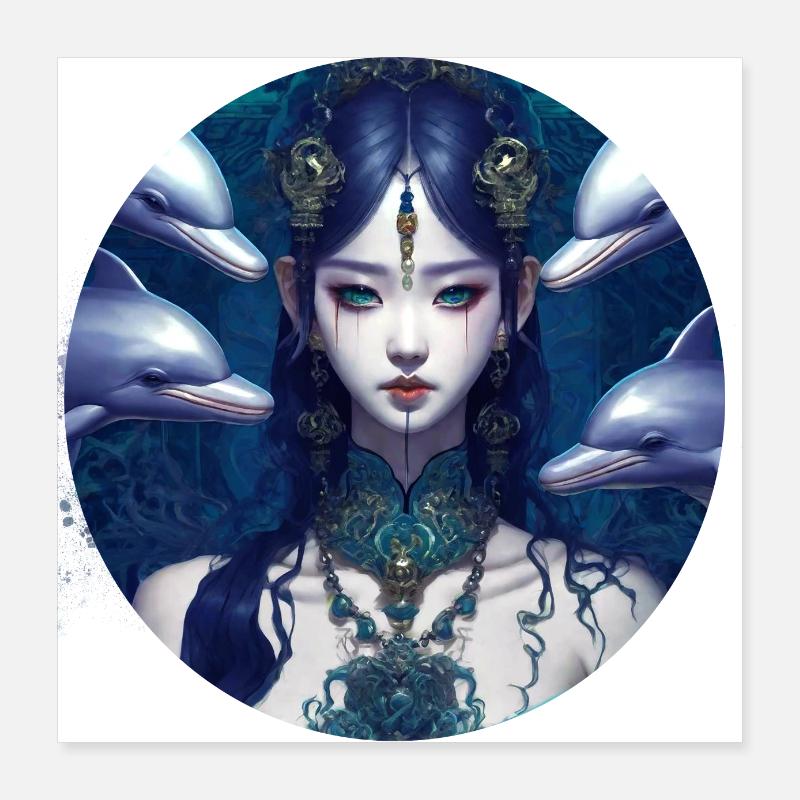 Asian,Gothic,Dolphins,Green Eyes,Anime Poster 16" x 16" (40x40 cm)