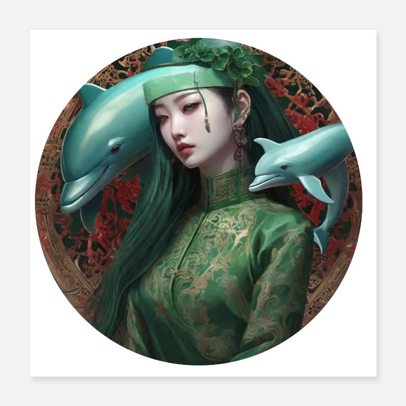 Anime,Dolphins,Asian,Circle,Gothic,Comic Poster 16" x 16" (40x40 cm)