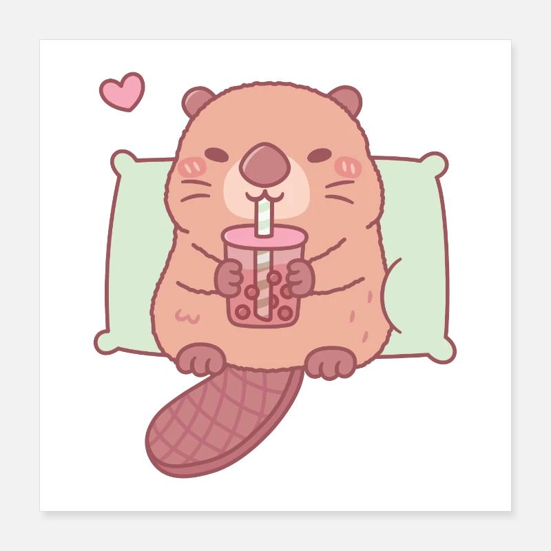 Cute Beaver Chilling With Bubble Tea Poster 16" x 16" (40x40 cm)