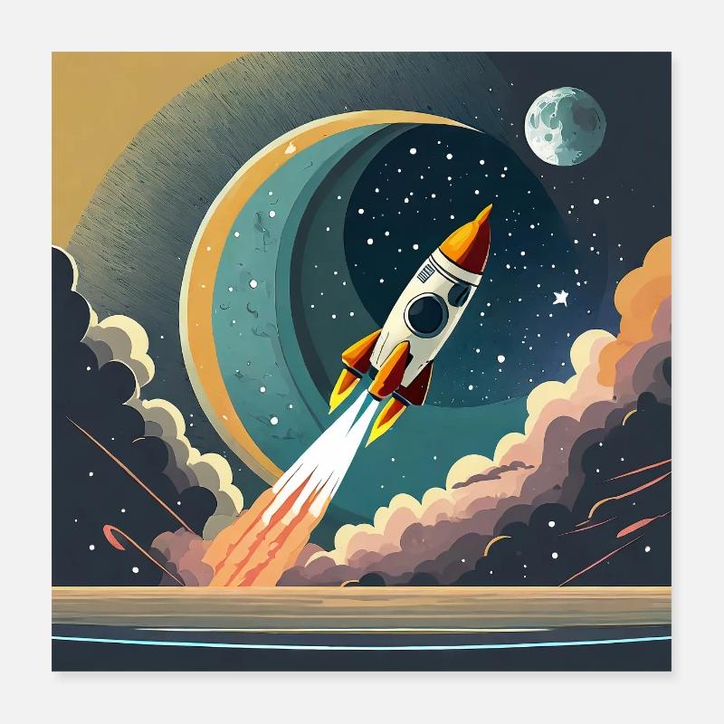 Emmenez-moi sur la lune Démarrage d’une fusée spatiale vintage Poster 40 x 40 cm