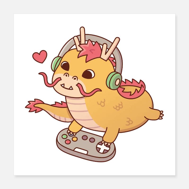 Cute Dragon Playing Video Games on Game Controller Poster 16" x 16" (40x40 cm)