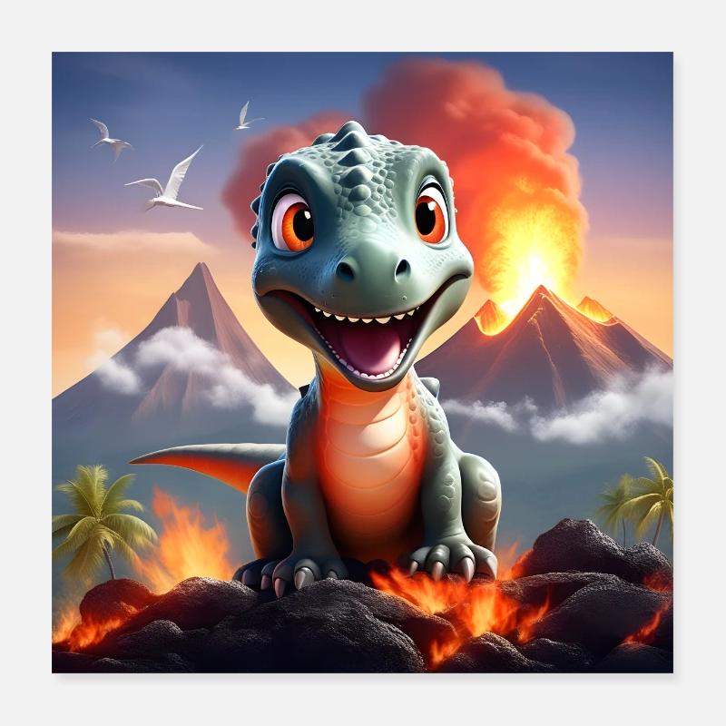 dinosaure mignon avec volcan et lave, T-Rex Poster 40 x 40 cm