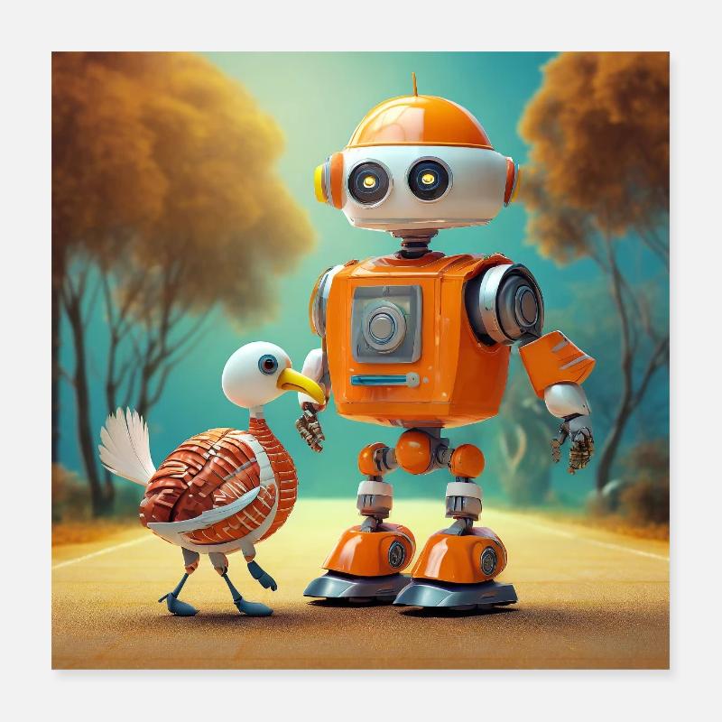 mignon petit robot se promène avec sa dinde extraterrestre Poster 40 x 40 cm