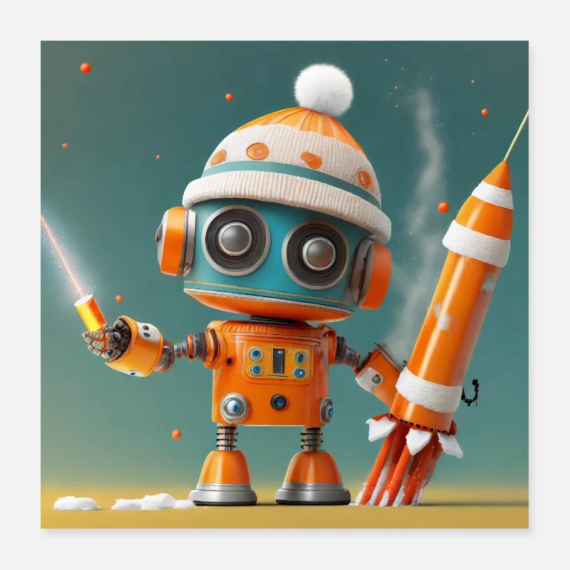 Roboter startet Silvesterraketen Poster 40x40 cm