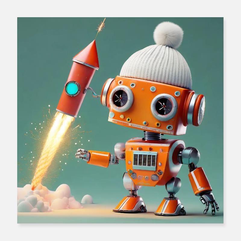 un robot mignon lance des fusées pour le réveillon du Nouvel An Poster 40 x 40 cm