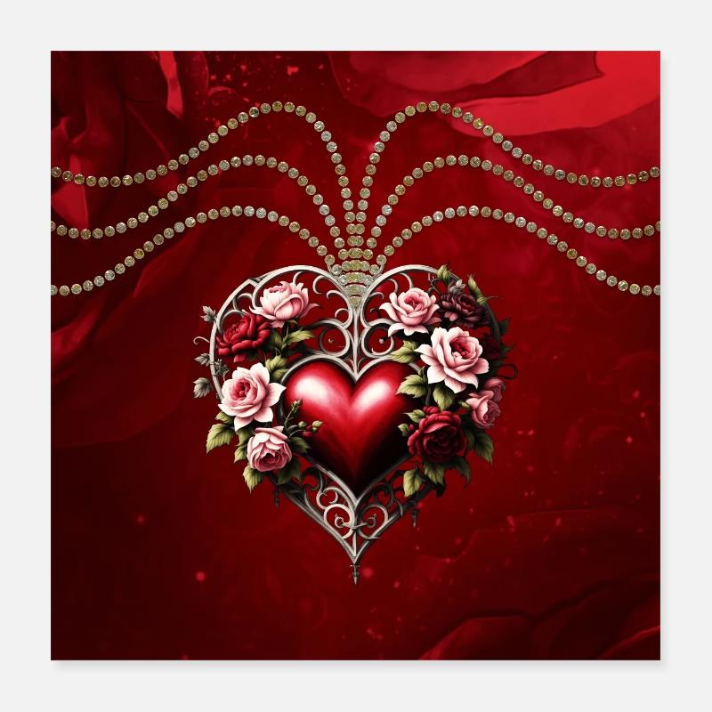 Edles Gothic-Herz mit Blumen. Poster 40x40 cm