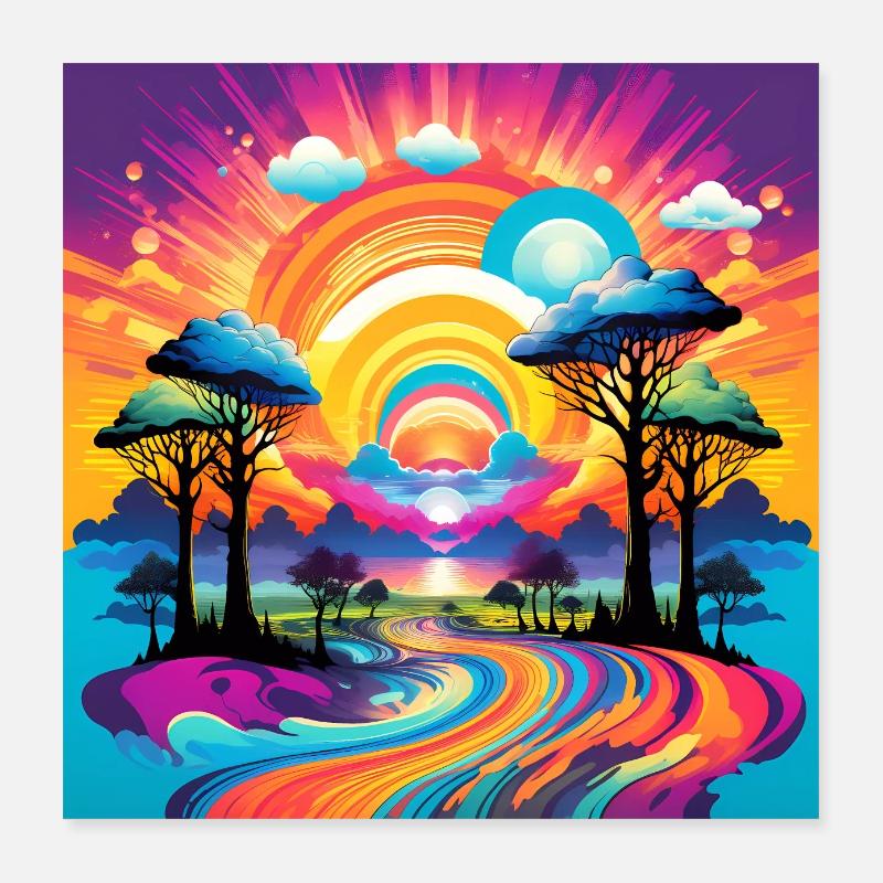 Psychedelic Landschaft mit bunten Farben Poster 40x40 cm