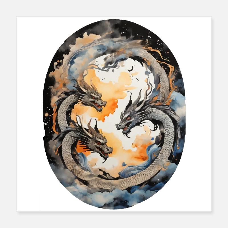 Dragons japonais Poster 40 x 40 cm