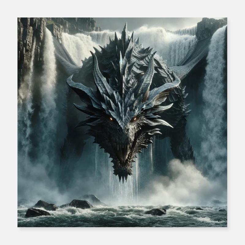 Drache im Wasserfall - Poster 40x40 cm - Weiß