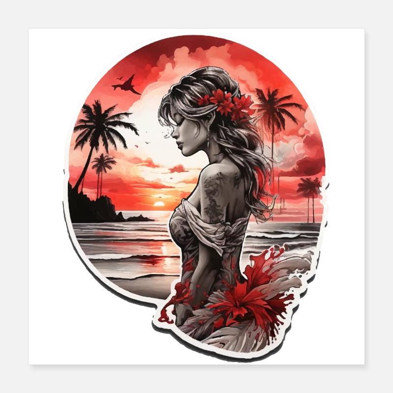 Femme sur la plage regardant le coucher de soleil rouge Poster 40 x 40 cm
