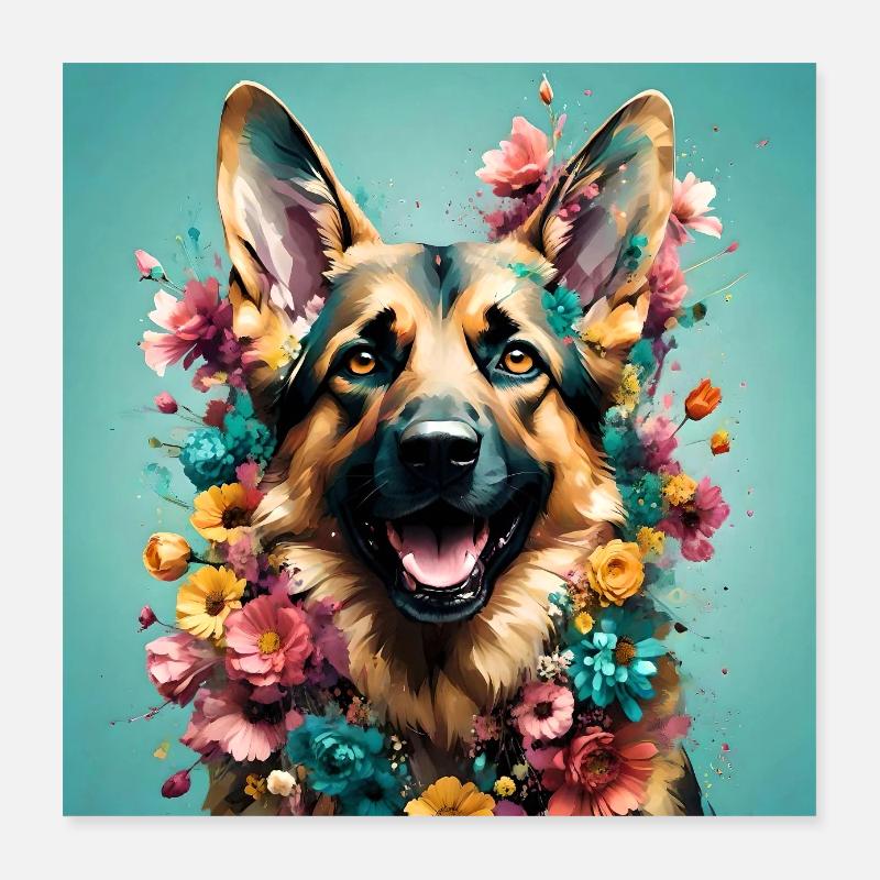 Plakat. Deutsche Schäferhunde, Blumen. Poster 40x40 cm