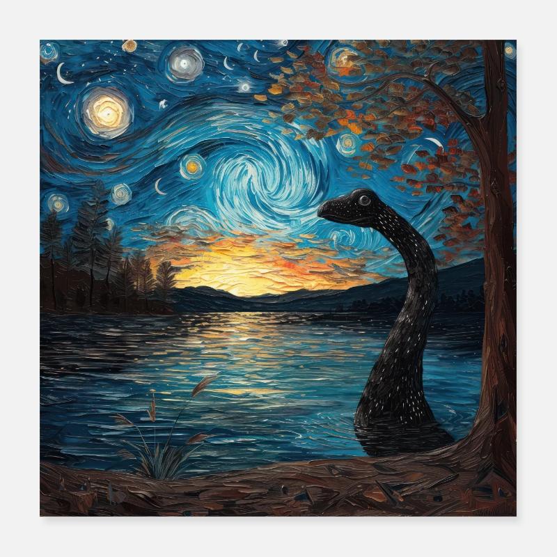 Loch Ness Monster, Nessie, Van Gogh, Starry Night Poster 16" x 16" (40x40 cm)