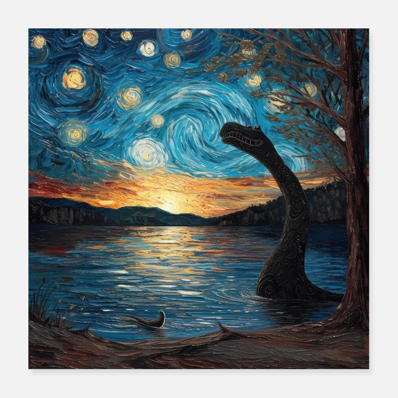 Loch Ness Monster, Nessie, Van Gogh, Starry Night Poster 16" x 16" (40x40 cm)