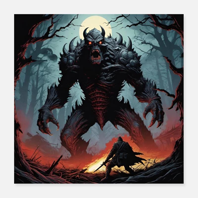 A knight confronts a monster. Poster 16" x 16" (40x40 cm)
