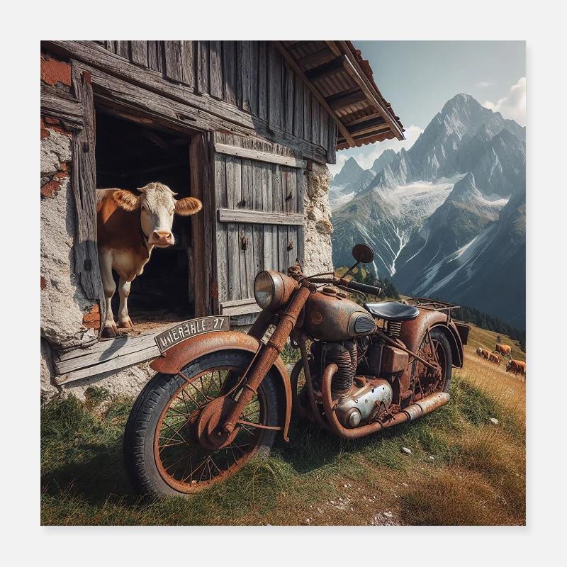 Kuh und Motorrad auf der Alm Poster 40x40 cm