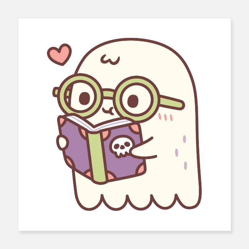 Cute Ghost Reading A Book With A Skull Poster 16" x 16" (40x40 cm)