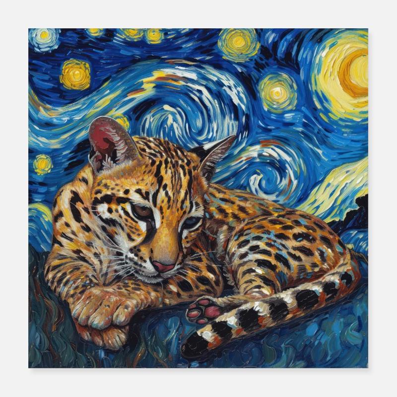 Ocelot, Lynx, Van Gogh, Starry Night Poster 16" x 16" (40x40 cm)