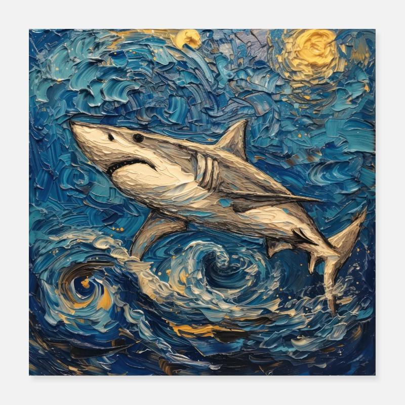 Shark, Shark, Fish, Van Gogh, Starry Night Poster 16" x 16" (40x40 cm)