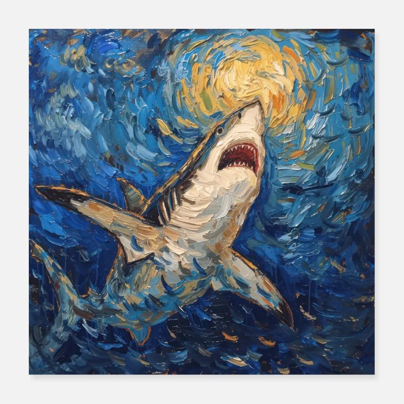 Requin, Requin, Poisson, Van Gogh, Nuit étoilée Poster 40 x 40 cm
