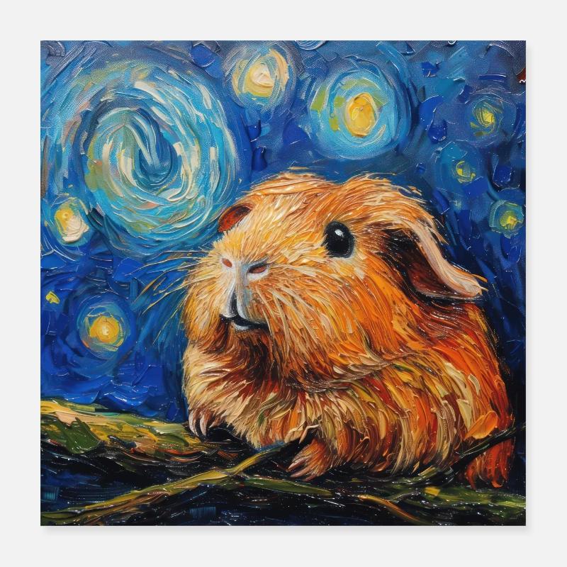Cochon d’Inde, Animal, Van Gogh, Nuit étoilée Poster 40 x 40 cm
