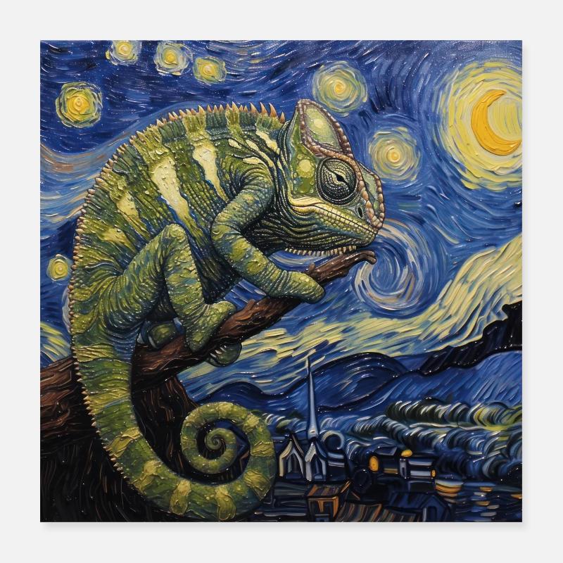 chameleon, echse, van gogh, sternennacht Poster 40x40 cm