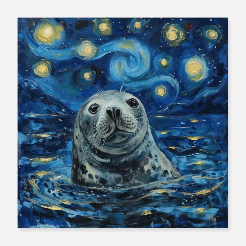 Sceau, Lion de mer, Van Gogh, Nuit étoilée Poster 40 x 40 cm