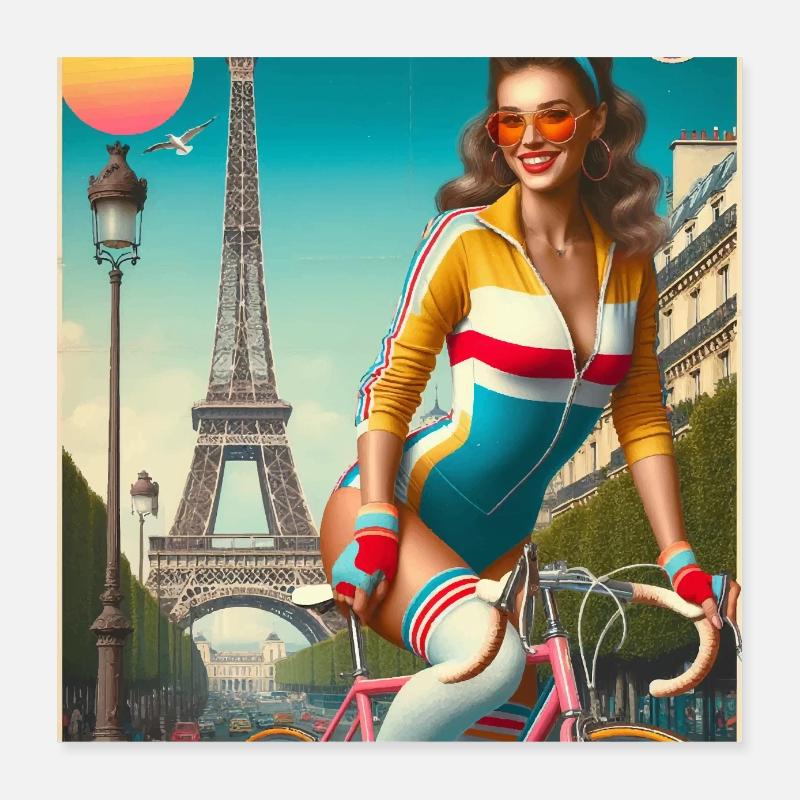 Belle jeune fille à vélo devant la tour Eiffel Poster 40 x 40 cm