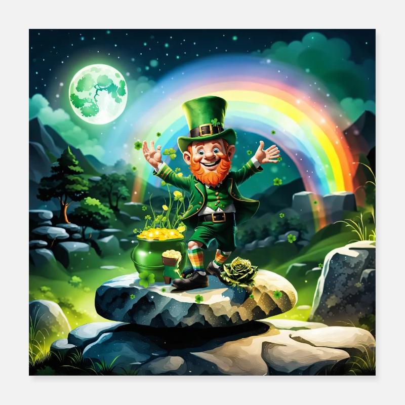 Drôle de lutin heureux avec arc-en-ciel en arrière-plan. Poster 40 x 40 cm