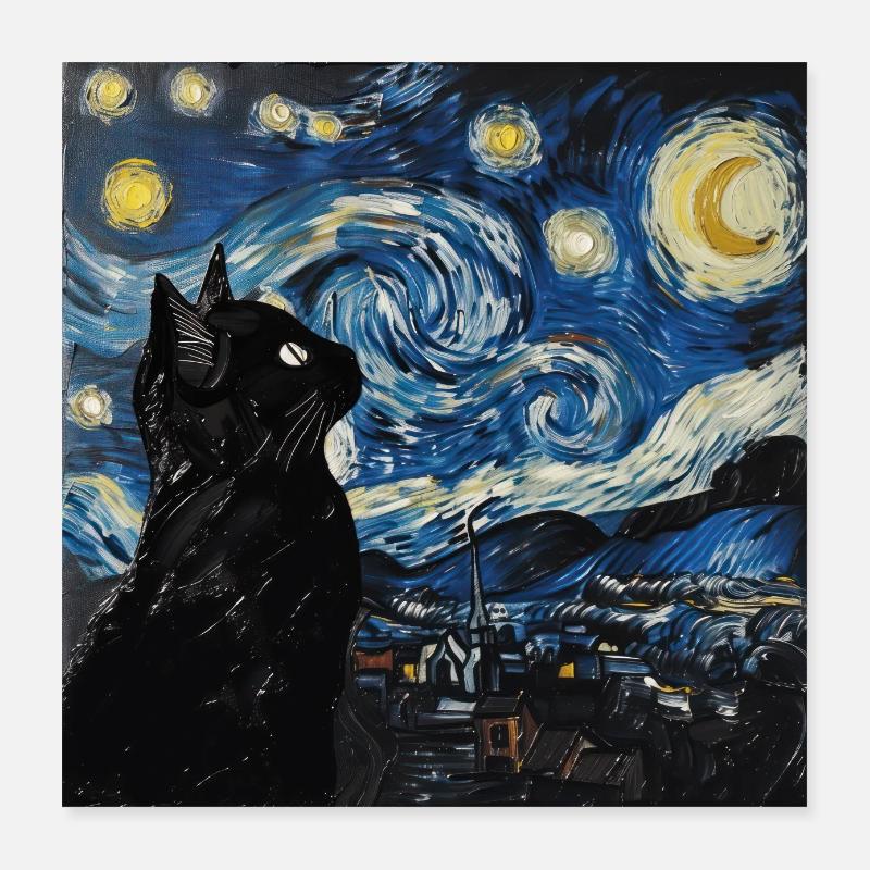 Schwarze katze, katze, Van Gogh, Sternennacht Poster 40x40 cm