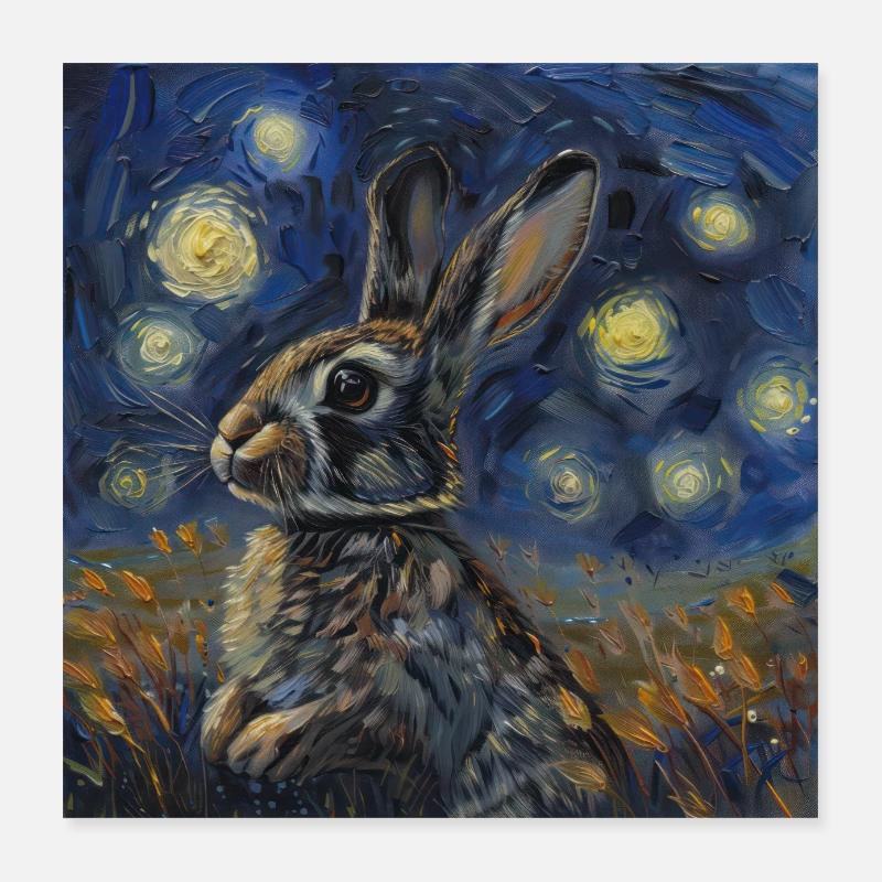 Hare, Rabbit, Animal, Van Gogh, Starry Night Poster 16" x 16" (40x40 cm)