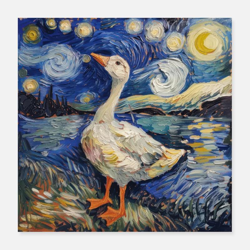 Goose, Van Gogh, Starry Night, Gift Poster 16" x 16" (40x40 cm)