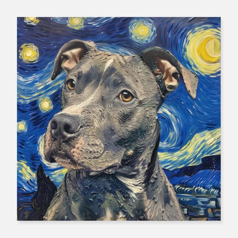 Pitbull, Dog, Van Gogh, Starry Night, Gift Poster 16" x 16" (40x40 cm)