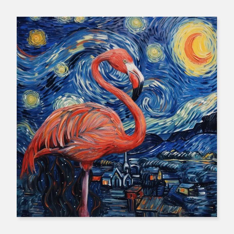 flamingo, van gogh, sternennacht, geschenk, gesche Poster 40x40 cm
