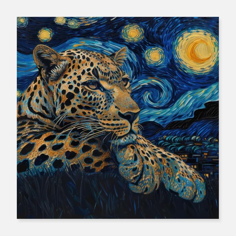 leopard, van gogh, sternennacht, geschenk Poster 40x40 cm
