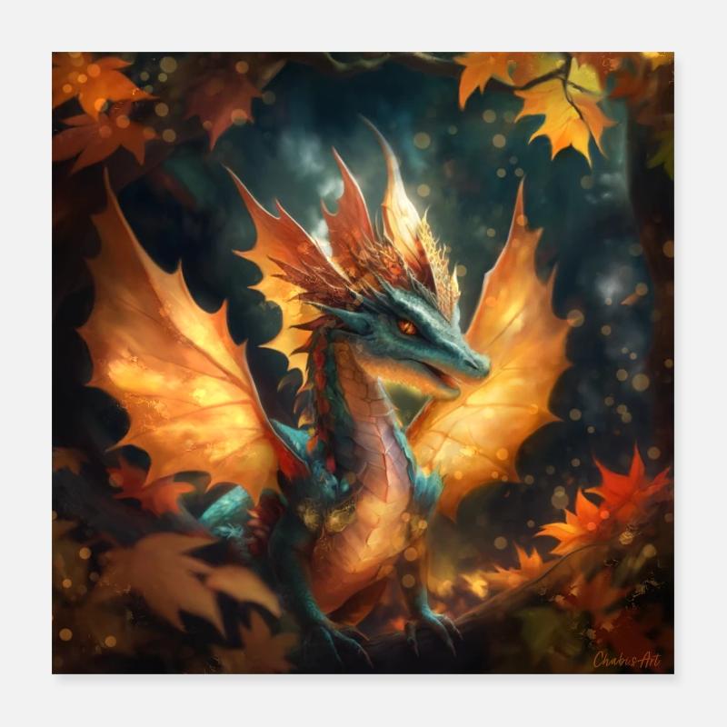 Herbst Drache Illustration Poster 40x40 cm