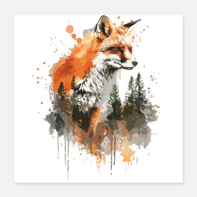Renard aquarelle, Fox Poster 40 x 40 cm
