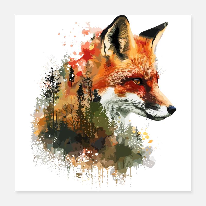 Fuchs im Wald Aquarell, Fuchs Poster 40x40 cm