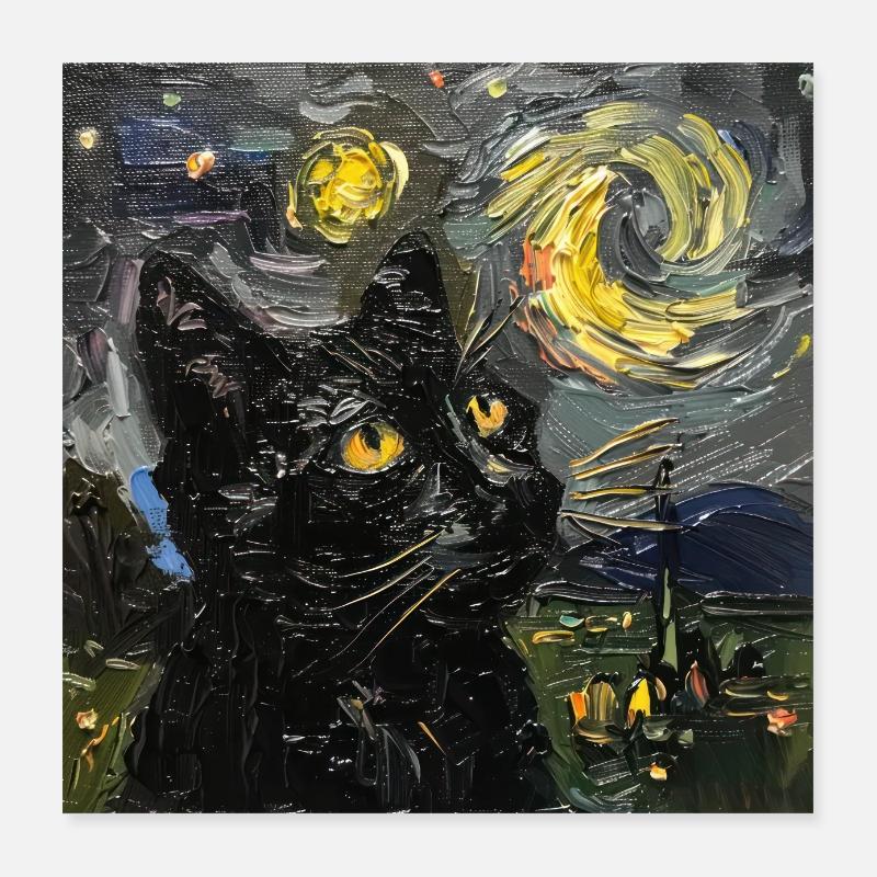 Chat, Motif De Chat, Van Gogh, Nuit Étoilée Poster 40 x 40 cm